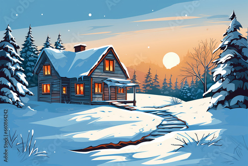 vector illustration of a small house scene in winter