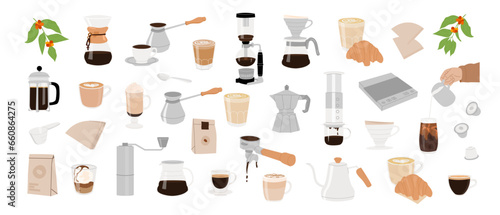 Alternative coffee brewing methods and tools modern hand drawn graphics. Set of coffee utensils, breakfast composition colored icon. Vector flat style isolated elements for cafe, menu, coffee shop.