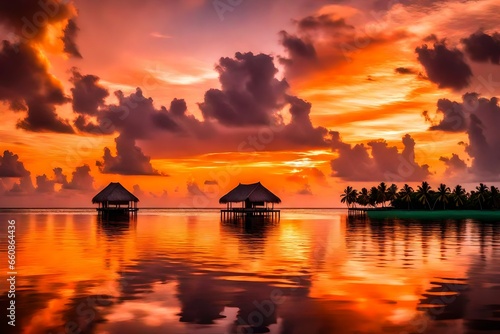 A breathtaking sunset over a secluded Maldivian island, painting the sky in shades of orange and pink, reflected in the calm lagoon.