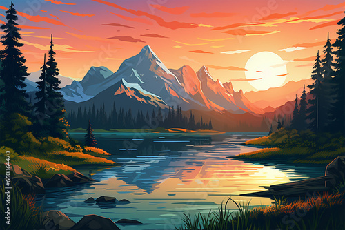 vector illustration of lake view in mountain valley