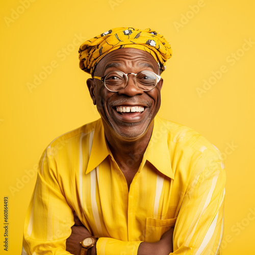 Portrait of a senior balck man with a hat, smiling, on yellow background