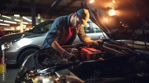 Golden Hour Car Maintenance: Mechanic Checking Engine Components at Sunset. generative ai