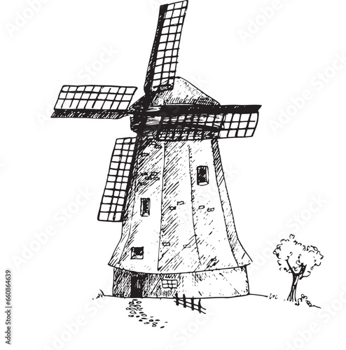Vector graphic illustration of windmill . Black and white sketch on a white background. Suitable for logo, bakery design, wrapping paper
