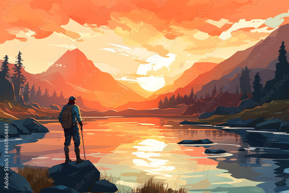 vector illustration of a view of people fishing in a lake - obrazy, fototapety, plakaty 