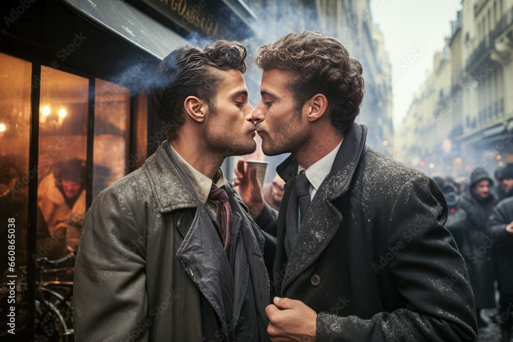 Passionate street kiss between two men - obrazy, fototapety, plakaty 