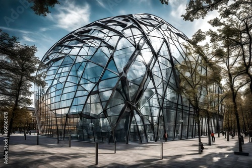 A modern glass and steel museum with a striking architectural design.