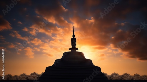 Silhouette of Buddha statue in temple with sunset background