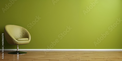 Empty room interior mock up with olive green armchair against olive green empty wall, wooden floor