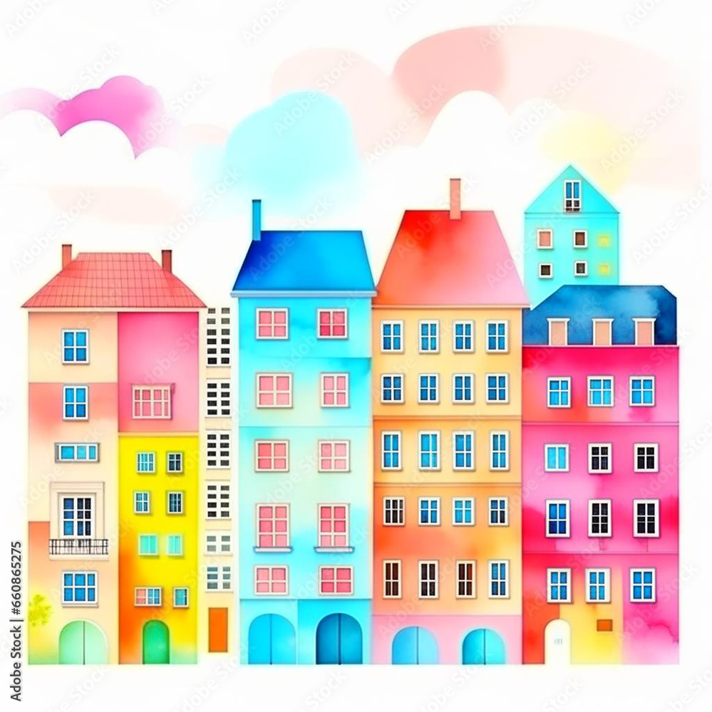 Abstract buildings in city on watercolor painting. City scape watercolor painting in bright colors.