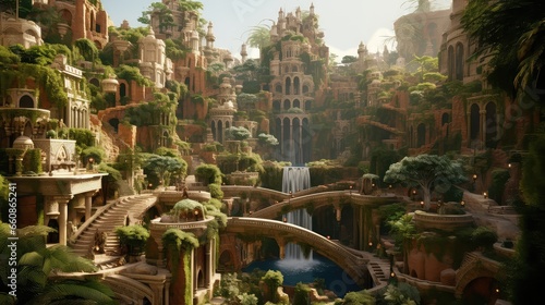 The Hanging Gardens of Babylon ultra realistic illustration - Generative AI.