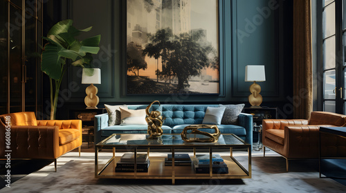 Photograph a stylish lounge area within a classic New York apartment, adorned with Art Deco furnishings and accents. Emphasize the timeless allure of this iconic design era. © CanvasPixelDreams