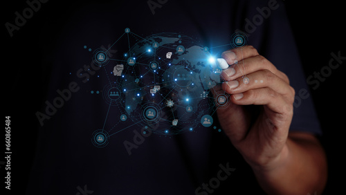 global communication technology Male hand pointing at abstract pen innovative concept Data analysis to connect communities around the world Glowing technology background and copy space