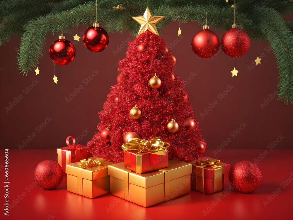 Christmas sparkling bright tree with star. Realistic 3d design, light garlands, bauble ball, Gift box, surprise gifts, gold confetti. red background