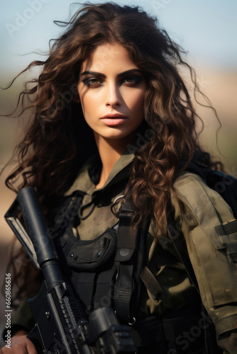 Israeli patriot girl in military uniform with a weapon