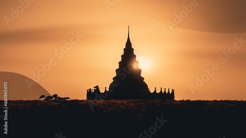 Silhouette of Buddha statue in temple with sunset background