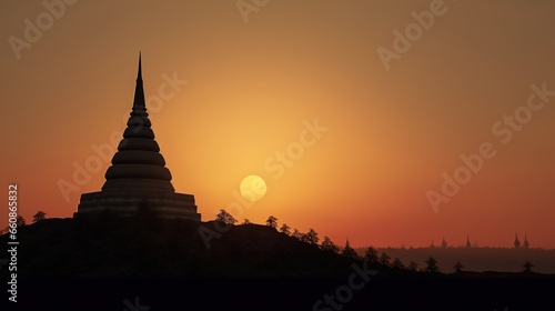 Silhouette of Buddha statue in temple with sunset background