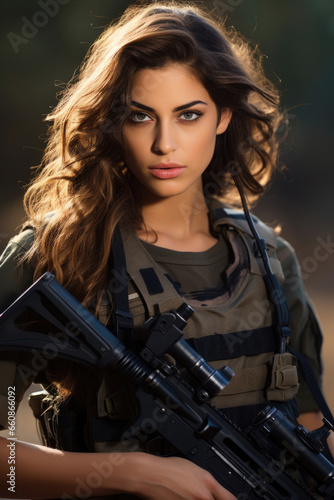 Israeli patriot girl in military uniform with a weapon © Venka