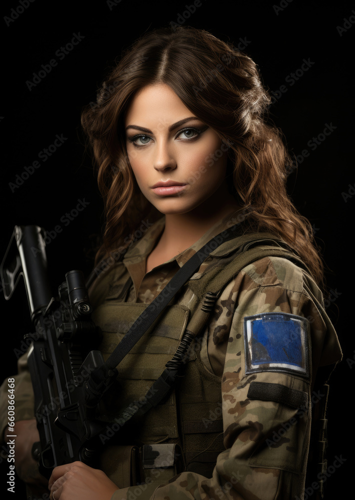 Israeli patriot girl in military uniform with a weapon
