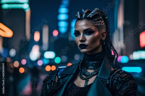 A half-body model with cyberpunk-inspired attire and body modifications, against a backdrop of a gritty, futuristic cityscape.
