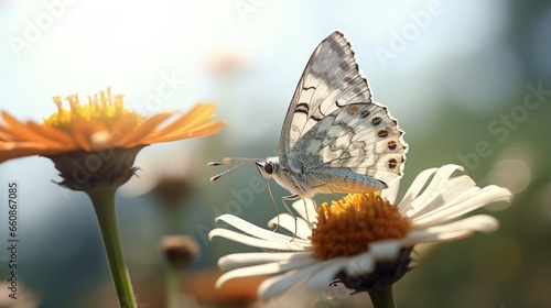 A butterfly with a very beautiful wing color, is perched enjoying flower pollen in one of the flowers with a blur natural background © Beny