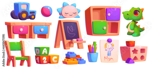 Kindergarten classroom interior vector toy set. Kid school room for children education, drawing and daycare. Cute elementary playschool furniture icon collection for game design concept illustration.
