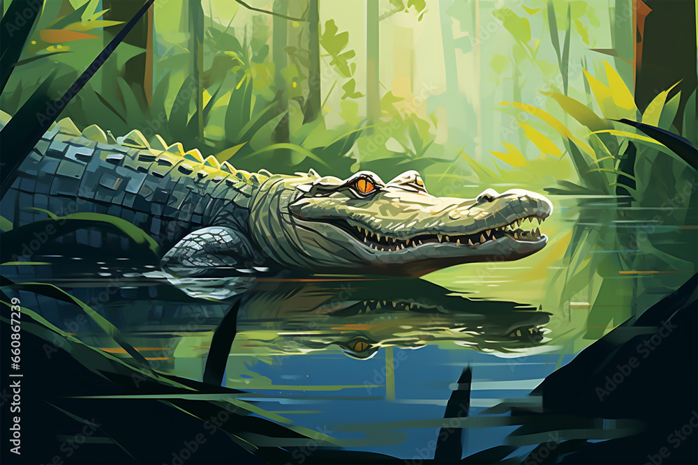 vector illustration of a view of a crocodile in a swamp - obrazy, fototapety, plakaty 
