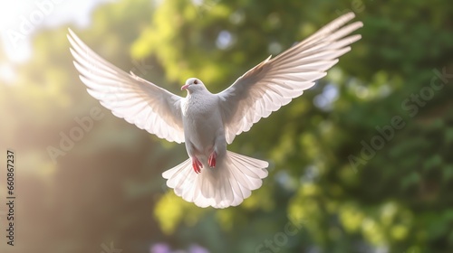 A white dove is flying flapping its wings, with a blurred natural background