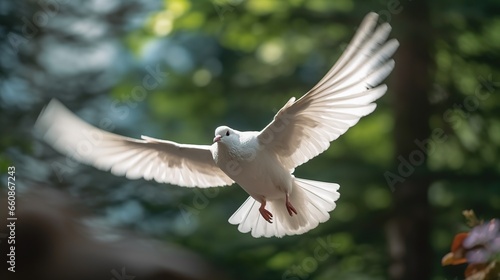A white dove is flying flapping its wings  with a blurred natural background