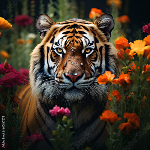 Image of tiger head in a beautiful field