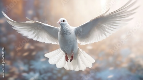 A white dove is flying flapping its wings, with a blurred natural background © Beny
