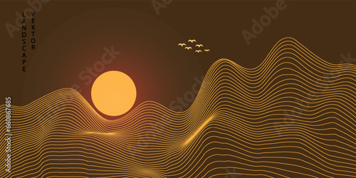 Mountain background vector. Minimal landscape art with gold line art texture. Abstract art wallpaper for prints, Art Decor, wall art and canvas prints.