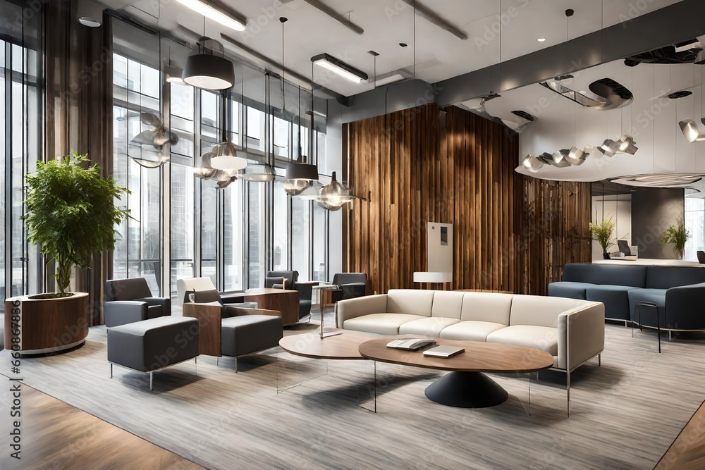 A stylish office reception area with a contemporary design and comfortable seating for visitors. A stylish office reception area with a contemporary design and comfortable seating for visitors.