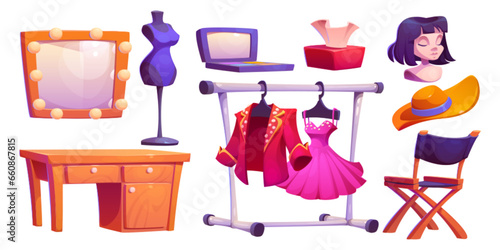 Theater dressing room design elements isolated on white background. Vector cartoon illustration of show backstage details, makeup mirror with light bulbs, costumes on rack, wig on mannequin, cosmetics