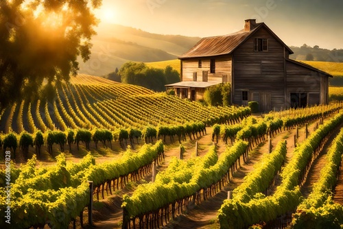 A sun-drenched vineyard with rows of grapevines and a rustic farmhouse. © Tae-Wan