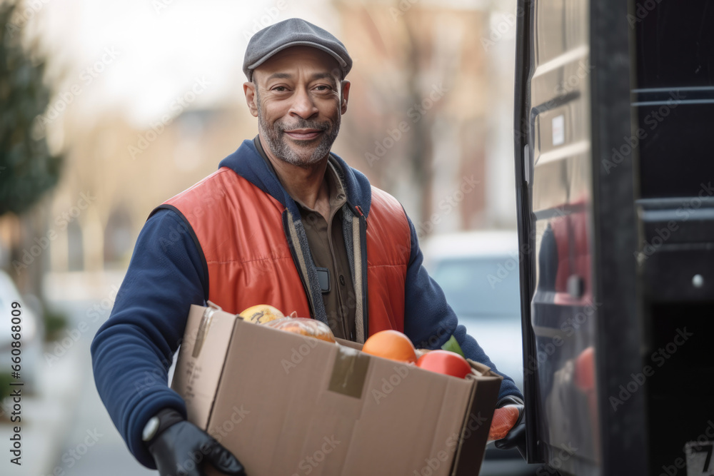 Middle age delivery man holding cardboard parcel Middle age delivery man holding cardboard parcel