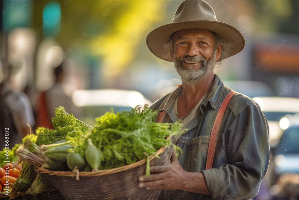 Middle age seller on local farmer market Middle age seller on local farmer market