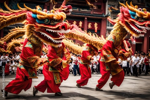 A dramatic display of traditional Chinese dragon dancers in motion