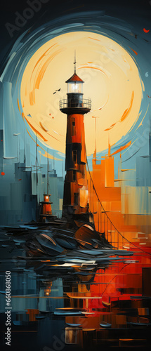 Lighthouse in the background of the night city. Digital painting.