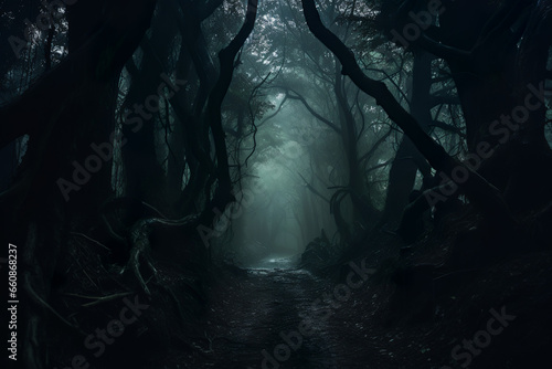 Misty forest in the evening. Spooky  Halloween concept.