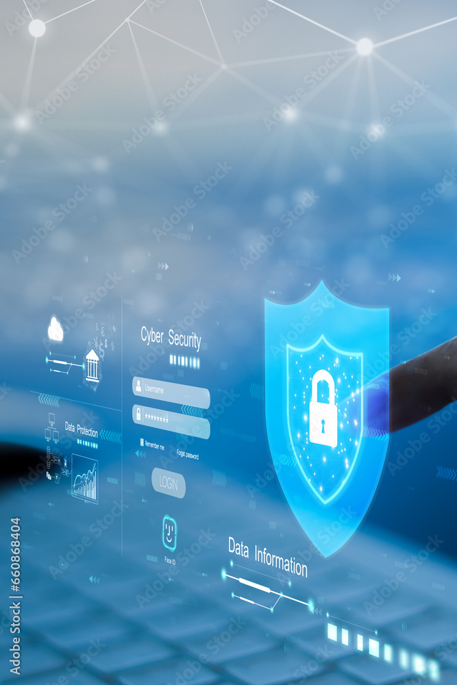 © Urupong - woman is using laptop for cyber security protection.cyber security concept, user privacy security and encryption, secure internet access Future technology and cybernetics, screen padlock, vertical