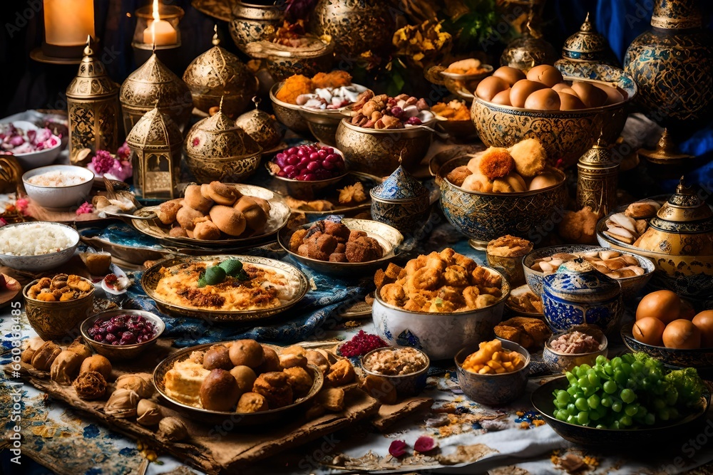 A close-up of a beautifully decorated Eid al-Fitr feast table