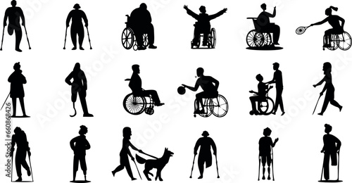 Disability Awareness Vector Illustration, Silhouette of Disabled People, Wheelchair Users, Guide Dog Users, Crutch Users. Perfect for Inclusive Design, Disability Rights Movement, Disability Pride  photo