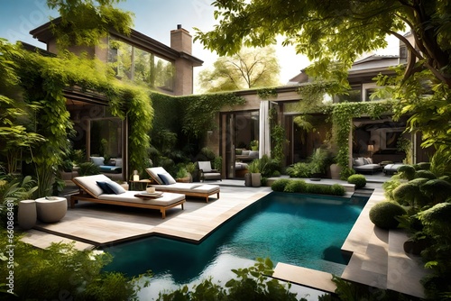 A backyard oasis with a swimming pool, lounge chairs, and lush greenery all around. © Tae-Wan