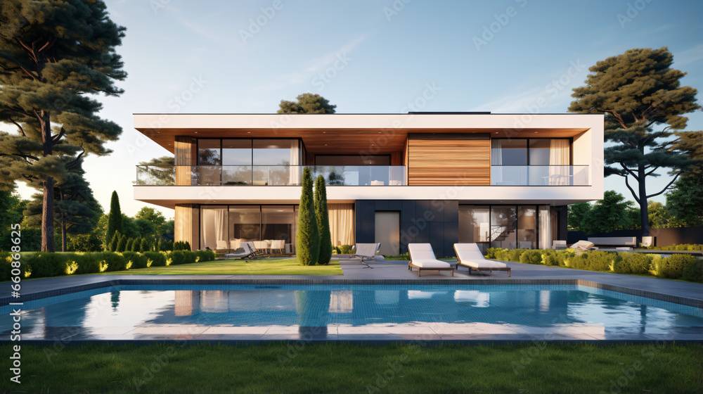 Perspective of luxury modern house with swimming pool