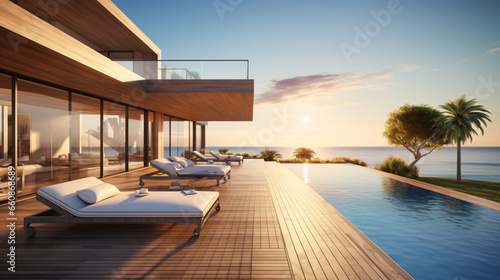 Modern luxury building with wood terrace © Cybonix