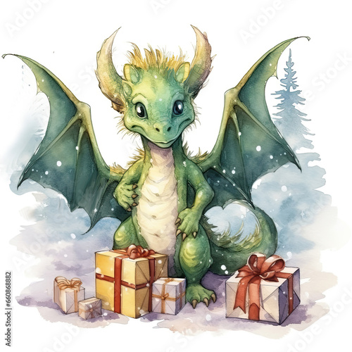 green dragon, symbol of the year 2024 with a gift,hand-drawn style,watercolor style
