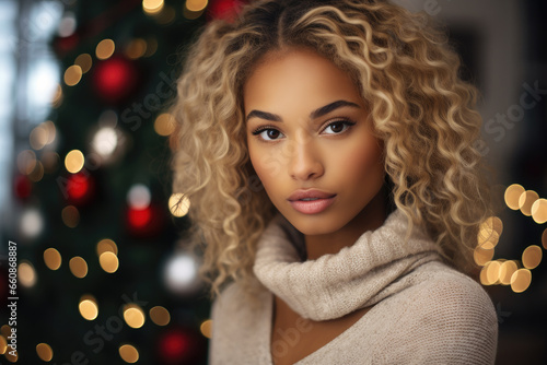 Portrait of a beautiful blonde-haired model with Christmas lights.