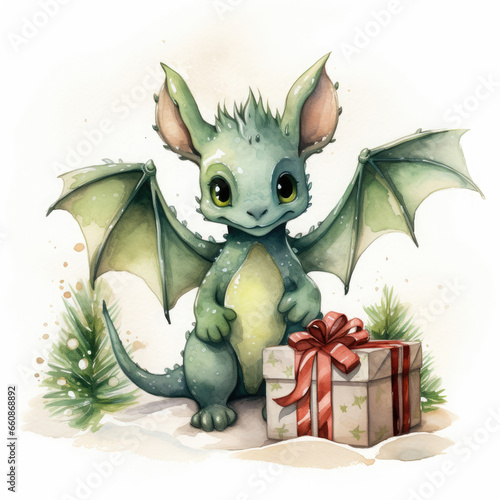 green dragon, symbol of the year 2024 with a gift,hand-drawn style,watercolor style