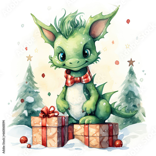 green dragon, symbol of the year 2024 with a gift,hand-drawn style