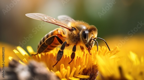A bee is perched on a flower, sucking the nectar from the flower with a natural background
